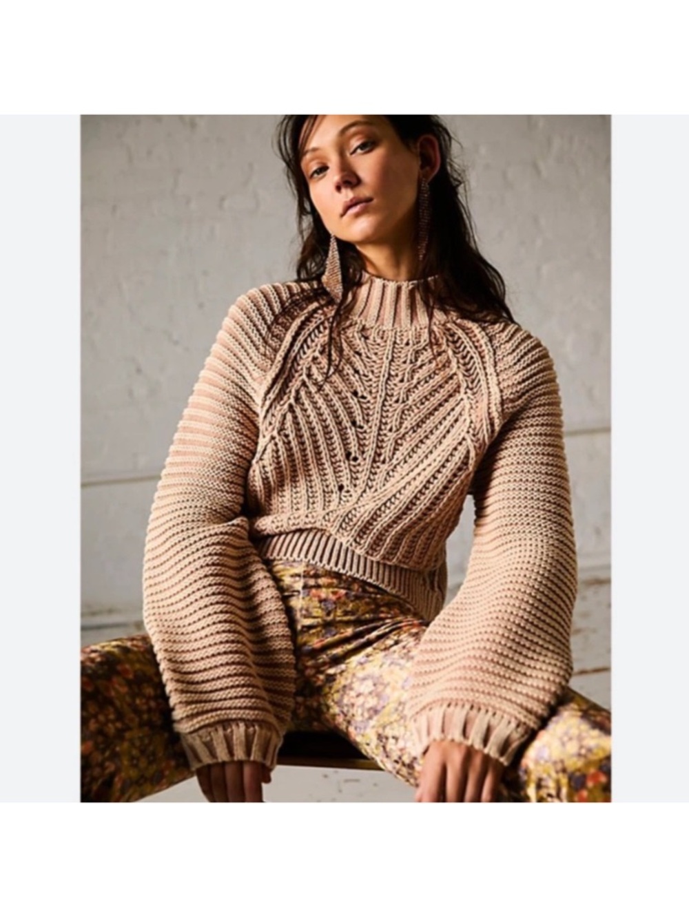 Free People Beige Cropped Cable Knit Crew Sweater